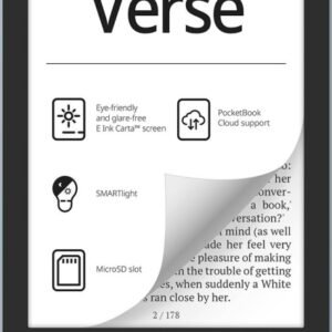 Pocketbook Verse, 6-inch (15.2 cm) E Ink Carta Display, 758 x 1024 Pixels, Supports ACSM, AZW, AZW3, CBR, CBZ, CHM, DOC, DOCX, DjVu, EPUB, EPUB DRM, FB2, FB2.ZIP, HTM, HTML,...