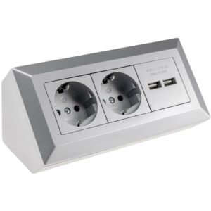 Dual Socket Power Strip with 2 USB Ports, Silver, 250V~/16A, Surface Mount, 3.1A USB