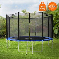 HAUKI 427 cm Trampoline with Safety Net, Ladder, and Padded Poles - Blue, Supports up to 150 kg